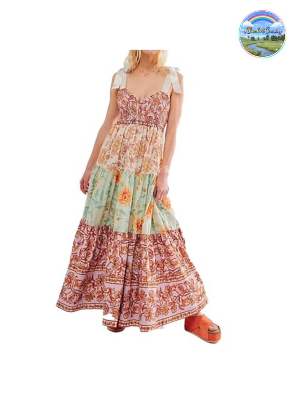 Women Floral Maxi Dress Tie Shoulder Smocked Flowy Boho Sundress with Pockets